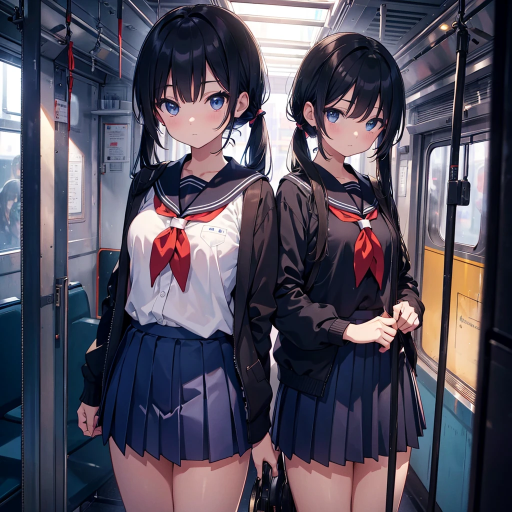 Super detailed, super high resolution, 64k, masterpiece, highest quality, beautiful eyes in detail, high resolution background, 1 girl, solo, masterpiece, 4K, highest quality, 9 years old, cowboy shot, black hair, pigtails, straight hair , dark blue eyes, , Serafuku, neckerchief, pleated skirt, BREAK (headphones), standing, inside the train, looking away, looking out the window, holding a pole, (simple background: 1.3) ), various viewpoints, NSFW , open your jacket to show your breasts, pull your skirt down, pull your skirt down,