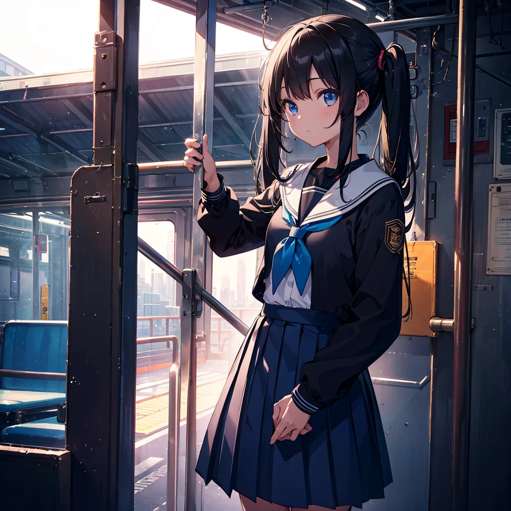 Super detailed, super high resolution, 64k, masterpiece, highest quality, beautiful eyes in detail, high resolution background, 1 girl, solo, masterpiece, 4K, highest quality, 9 years old, cowboy shot, black hair, pigtails, straight hair , dark blue eyes, , Serafuku, neckerchief, pleated skirt, BREAK (headphones), standing, inside the train, looking away, looking out the window, holding a pole, (simple background: 1.3) ), various viewpoints, NSFW , open your jacket to show your breasts, pull your skirt down, pull your skirt down,