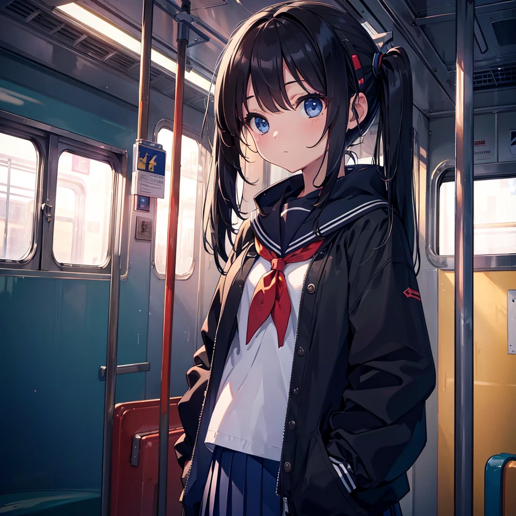 Super detailed, super high resolution, 64k, masterpiece, highest quality, beautiful eyes in detail, high resolution background, 1 girl, solo, masterpiece, 4K, highest quality, , cowboy shot, black hair, pigtails, straight hair , dark blue eyes, , Serafuku, neckerchief, pleated skirt, BREAK (headphones), standing, inside the train, looking away, looking out the window, holding a pole, (simple background: 1.3) ), various viewpoints, NSFW , open your jacket to show your breasts, pull your skirt down, pull your skirt down,