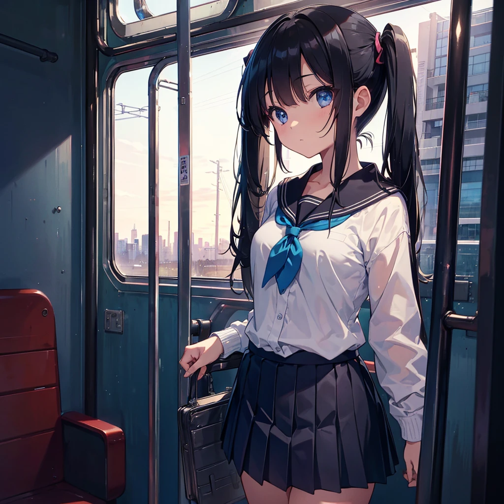 Super detailed, super high resolution, 64k, masterpiece, highest quality, beautiful eyes in detail, high resolution background, 1 girl, solo, masterpiece, 4K, highest quality, 9 years old, cowboy shot, black hair, pigtails, straight hair , dark blue eyes, , Serafuku, neckerchief, pleated skirt, BREAK (headphones), standing, inside the train, looking away, looking out the window, holding a pole, (simple background: 1.3) ), various viewpoints, NSFW , open your jacket to show your breasts, pull your skirt down, pull your skirt down,

