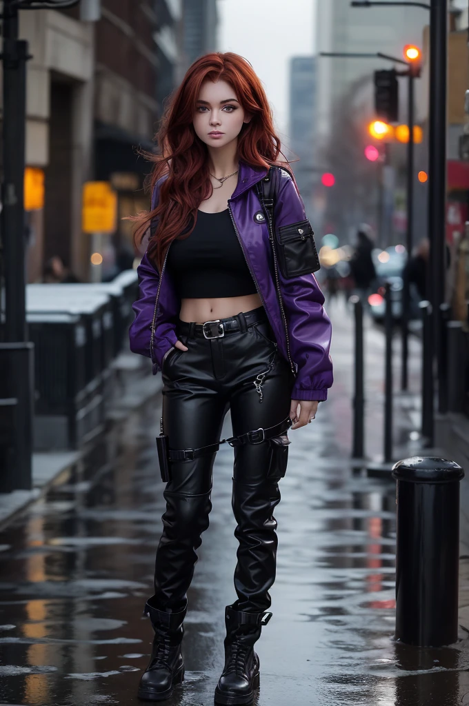 A white woman with medium red hair, piercing brown eyes. She wears a black blouse and a purple jacket, cargo pants and a pair of boots, holster. With a blurred background, rainy street and cars passing by, urban atmosphere.