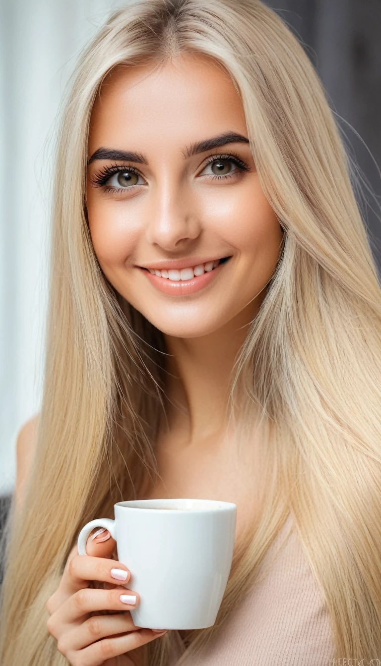 Photo of of a beautifull Blonde Woman named Eleonora Gabriella ,25 years Old ,Romanian , detailed eyes ,long clean voluminous straight hair Slimfit Body close Up Photo smiling Drinking Cofee.