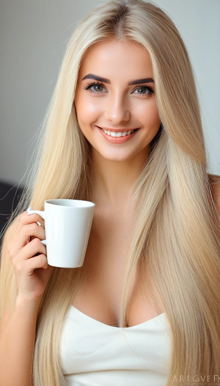 Photo of of a beautifull Blonde Woman named Eleonora Gabriella ,25 years Old ,Romanian , detailed eyes ,long clean voluminous straight hair Slimfit Body close Up Photo smiling Drinking Cofee.