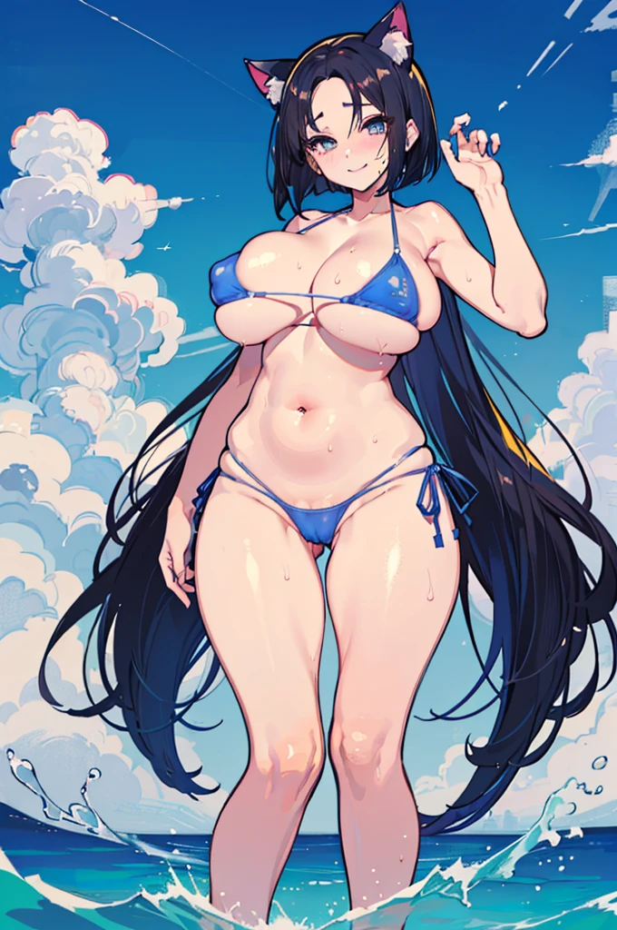 (masterpiece), best quality, expressive eyes, perfect face, (masterpiece, high quality, highest quality:1.2), 1 girl, solo, black hair, (forehead), (bob hair), huge breast, blue sky, (bikini), (thick thighs), (cameltoe:1.2), smile, (nipples:0.8), sky, clouds, cat ears, tail, wet, sweaty, ((sexy body)), (((wide hips))), ((belly))
