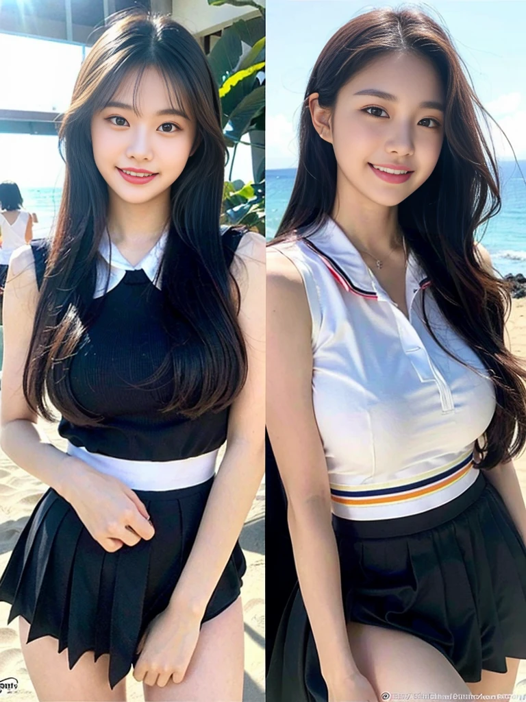 (Super cute Korean high school girls duo taking photos side by side 1.2)(grin,Smile)(Beautiful Sweat:1.1)(16k, RAW Photos, Highest quality, masterpiece: 1.2),(Cute hairstyle with shiny black hair) Super detailed, Super Resolution, (Genuine, Genuine photos: 1.37), Portraiture, High-resolution RAW color photos, Professional photos, Very detailed, 8k wallpaper, Very detailed CG Unity 8k wallpaper, Very detailed beautiful girls, Very detailed faces, ((whole body)), beautiful woman, Huge breasts,(huge boobs:1.1) (Big Boobs:1.1), Beauty college student (A tight, girly, navy sleeveless school uniform with ribbon.),high school girl, Korean Girls,(K-POP Female Idols), (Idol-class beauty)(Beautiful high school girl:1.1)(famous beaches in hawaii:1.2)(18-year-old)(Stylish summer  outfit:1.1)NSFW