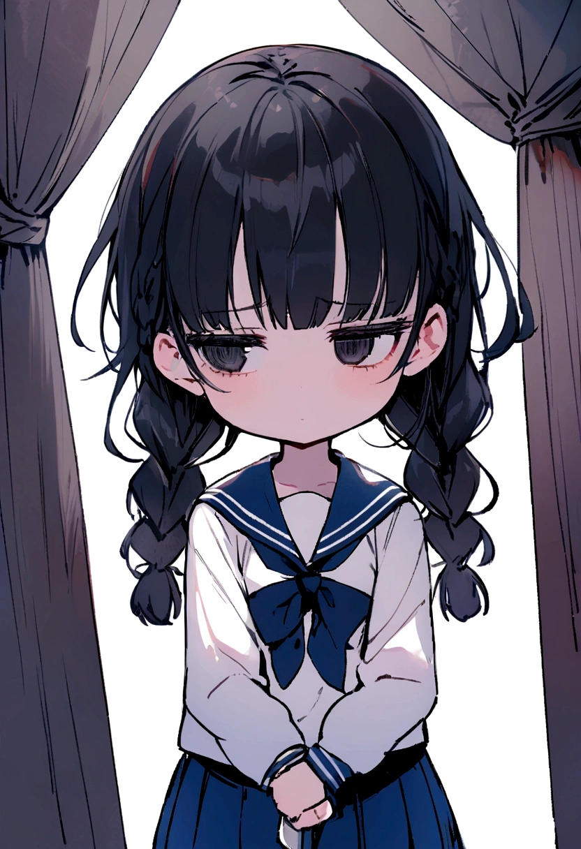 Long black hair, two braids, sailor suit, jittery eyes, loli, short, cute,half eyes, jittery eyes,White triangular pattern on both sides of head, black eyes, holding a knife, expressionless,Half eyes ,1 Girl,emotionless