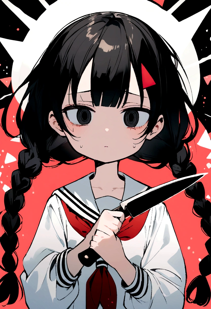 Long black hair, two braids, sailor suit, jittery eyes, loli, short, cute,half eyes, jittery eyes,White triangular pattern on both sides of head, black eyes, holding a knife, expressionless,Half eyes ,1 Girl,emotionless