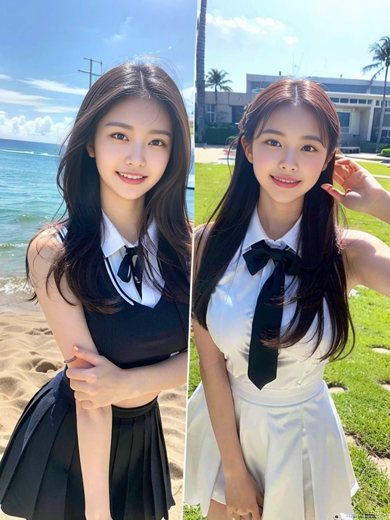 (Super cute Korean high school girls duo taking photos side by side 1.2)(grin,Smile)(Beautiful Sweat:1.1)(16k, RAW Photos, Highest quality, masterpiece: 1.2),(Cute hairstyle with shiny black hair) Super detailed, Super Resolution, (Genuine, Genuine photos: 1.37), Portraiture, High-resolution RAW color photos, Professional photos, Very detailed, 8k wallpaper, Very detailed CG Unity 8k wallpaper, Very detailed beautiful girls, Very detailed faces, ((whole body)), beautiful woman, Huge breasts,(huge boobs:1.1) (Big Boobs:1.1), Beauty college student (A tight, girly, navy sleeveless school uniform with ribbon.),high school girl, Korean Girls,(K-POP Female Idols), (Idol-class beauty)(Beautiful high school girl:1.1)(famous beaches in hawaii:1.2)(18-year-old)(Stylish summer  outfit:1.1)NSFW