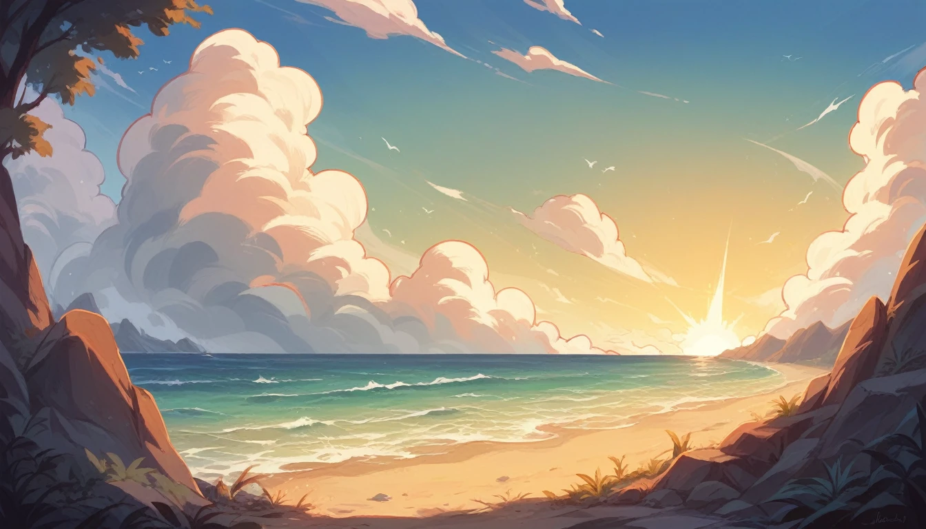 "Create a beautiful illustration of a beach scene with stunning waves. The scenery should capture the essence of a serene and picturesque seaside landscape."