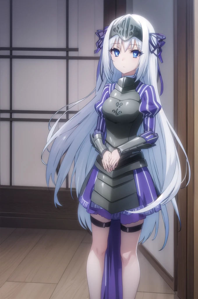 eucliwoodhellscythe, eucliwood hellscythe, long hair, blue eyes, very long hair, ribbon, hair ribbon, BREAK long sleeves, dress, puffy sleeves, armor, juliet sleeves, gauntlets, breastplate, armored dress, faulds, visor \(armor\), BREAK indoors, BREAK looking at viewer, (cowboy shot:1.5), BREAK (masterpiece:1.2), best quality, high resolution, unity 8k wallpaper, (illustration:0.8), (beautiful detailed eyes:1.6), extremely detailed face, perfect lighting, extremely detailed CG, (perfect hands, perfect anatomy) full body, barefoot