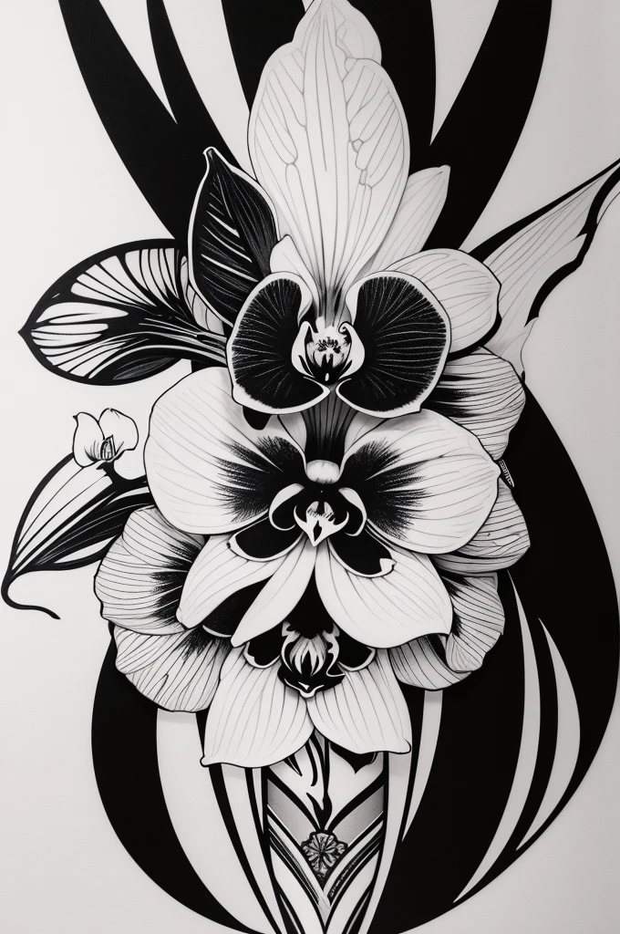 Graphic lining art of a black and white orchid tattoo design and no background elements.