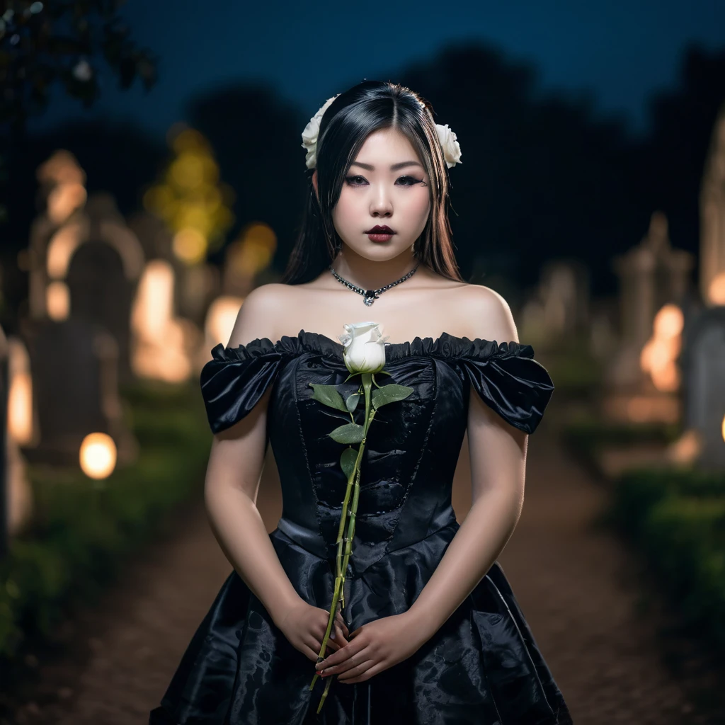 (masterpiece), (extremely intricate:1.3), (realistic), photo of a a bit chubby charming pale Japanese teen girl wearing a short black shoulderless gothic dress holding a white rose, (baroque hairstyle), plan american, spooky graveyard at night, professional photograph of a stunning teen girl detailed, sharp focus, dramatic, award winning, cinematic lighting, volumetrics dtx, (film grain, blurry background, blurry foreground, bokeh, depth of field, night, motion blur:1.3), 4k, 8k, hd, hdr