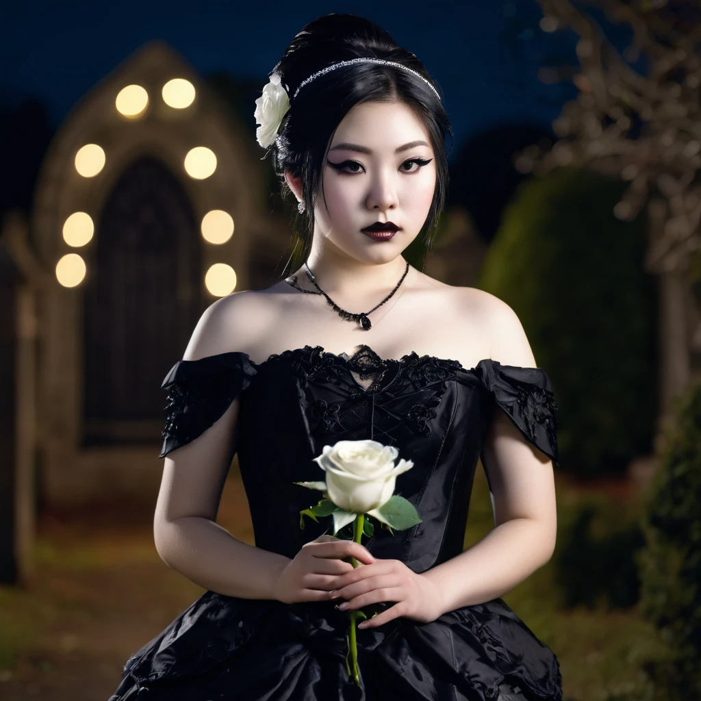 (masterpiece), (extremely intricate:1.3), (realistic), photo of a a bit chubby charming pale Japanese teen girl wearing a short black shoulderless gothic dress holding a white rose, (baroque hairstyle), plan american, spooky graveyard at night, professional photograph of a stunning teen girl detailed, sharp focus, dramatic, award winning, cinematic lighting, volumetrics dtx, (film grain, blurry background, blurry foreground, bokeh, depth of field, night, motion blur:1.3), 4k, 8k, hd, hdr