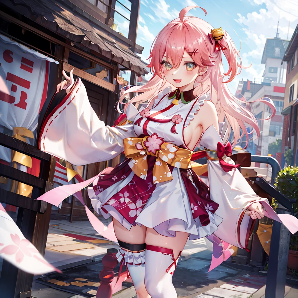 masterpiece, best quality, highres, miko1, sakura_miko, 1girl, big_boobs, solo, ahoge, x_hair_ornament, pink_hair, floral print, hairclip,(side_less_clothes:1.5), (side_boobs:1.5), hair_bell, floral print, long_hair, hair between eyes, one side up, white thighhighs, asymmetrical legwear, wide sleeves, open_mouth,(happy:1.3),gleen_eyes,big_smile,(rise_leg:1.3),plump,apart_legs,(overly_long_sleeves:1.3),),sleeves_past_wrists,hands_hidden_sleeves,sidelock_clothes,dynamic_posing,solo,hidden_wrists,(XD:1.4),covered_nipples,sunlight,cherryblossom_background,