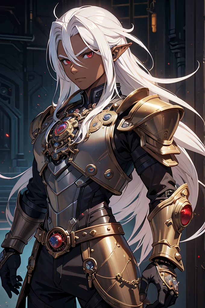 ((best quality)), ((masterpiece)), (detailed), ((boy)), ((mechanical armor)), (steampunk), (serious), dark skinned, human, upper body, portrait, red eyes, long white hair, Xemnas from Kingdom Hearts, half-drow, pointy ears