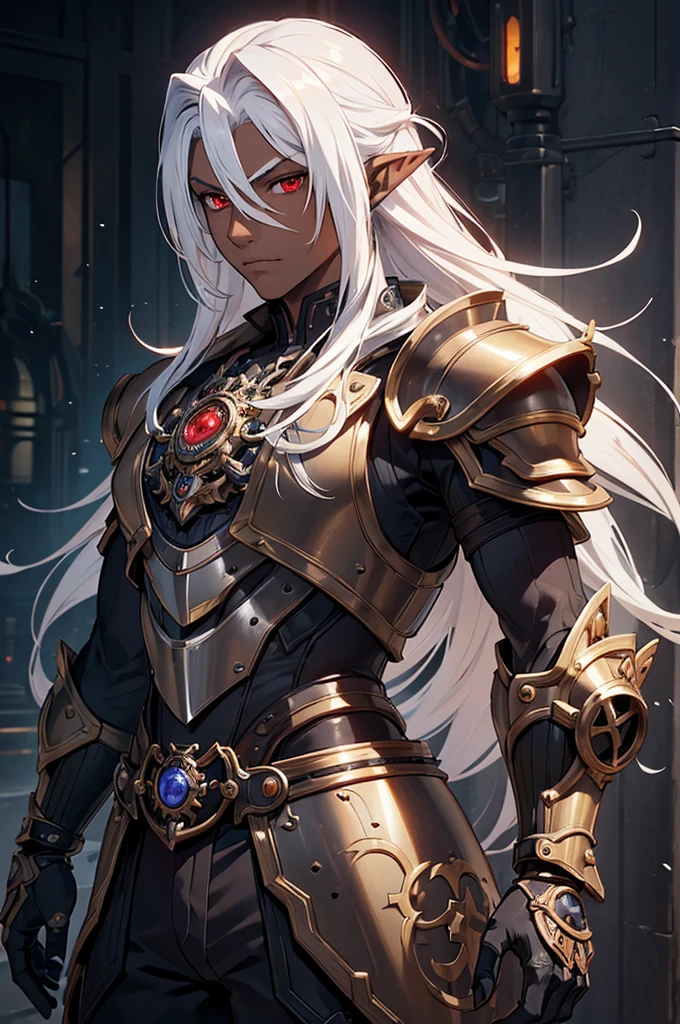 ((best quality)), ((masterpiece)), (detailed), ((boy)), ((mechanical armor)), (steampunk), (serious), dark skinned, human, upper body, portrait, red eyes, long white hair, Xemnas from Kingdom Hearts, half-drow, pointy ears