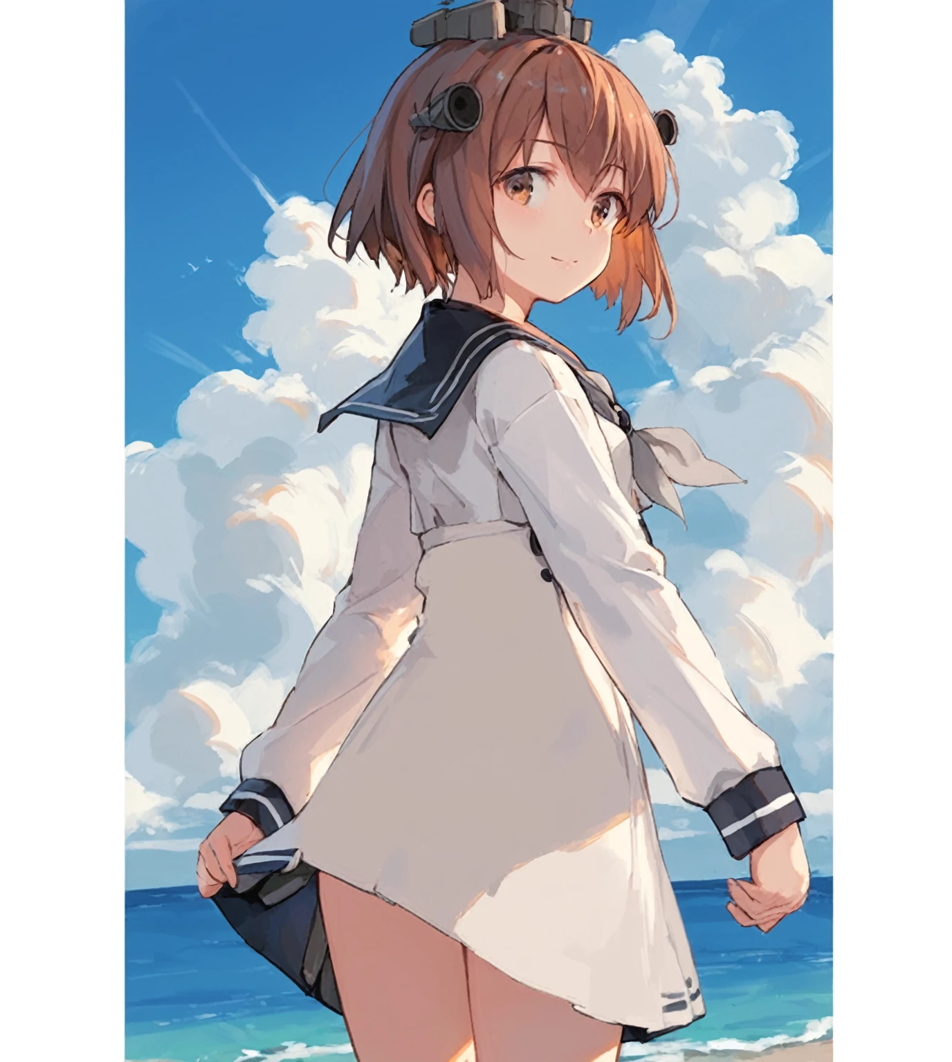 score_9,score_8_up,score_7_up,source_anime,cowboy shot,masterpiece,best quality,details background,extremely detailed,1girl,1girl,yukikaze (kancolle), brown hair, brown eyes,small breasts,short hair, sailor dress,dress,sailor collar,long sleeves,neckerchief,grey neckerchief,white dress,black sailor collar,day break,look back,sea