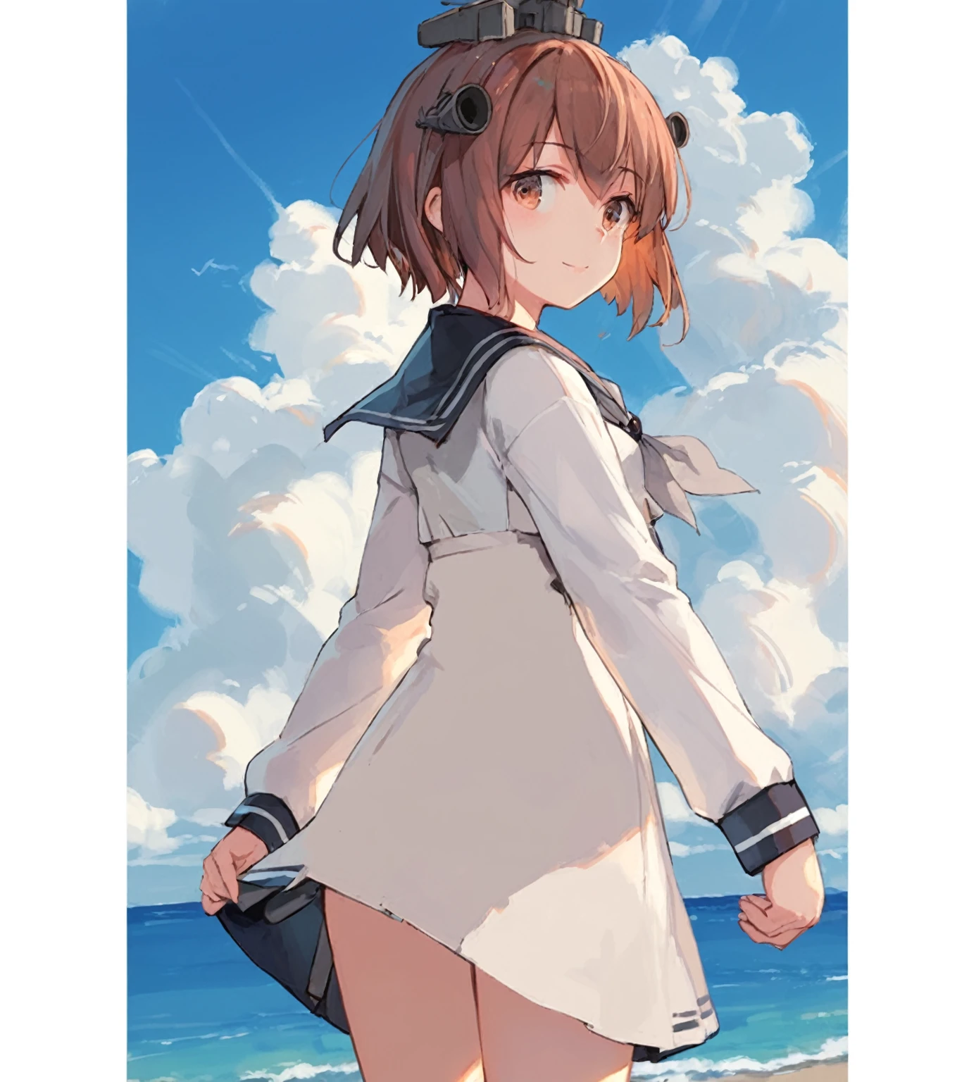 score_9,score_8_up,score_7_up,source_anime,cowboy shot,masterpiece,best quality,details background,extremely detailed,1girl,1girl,yukikaze (kancolle), brown hair, brown eyes,small breasts,short hair, sailor dress,dress,sailor collar,long sleeves,neckerchief,grey neckerchief,white dress,black sailor collar,day break,look back,sea