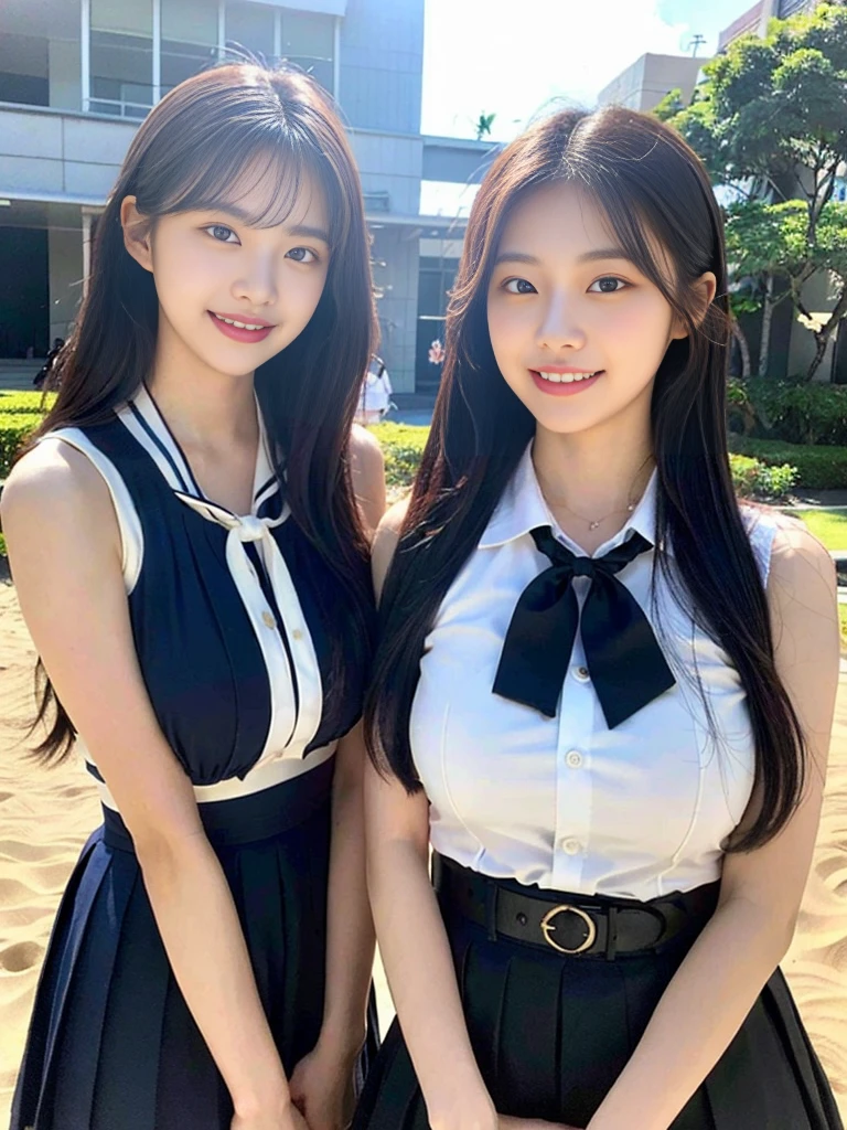 (Super cute Korean high school girls duo taking photos side by side 1.2)(grin,Smile)(Beautiful Sweat:1.1)(16k, RAW Photos, Highest quality, masterpiece: 1.2),(Cute hairstyle with shiny black hair) Super detailed, Super Resolution, (Genuine, Genuine photos: 1.37), Portraiture, High-resolution RAW color photos, Professional photos, Very detailed, 8k wallpaper, Very detailed CG Unity 8k wallpaper, Very detailed beautiful girls, Very detailed faces, ((whole body)), beautiful woman, Huge breasts,(huge boobs:1.1) (Big Boobs:1.1), Beauty college student (A tight, girly, navy sleeveless school uniform with ribbon.),high school girl, Korean Girls,(K-POP Female Idols), (Idol-class beauty)(Beautiful high school girl:1.1)(famous beaches in hawaii:1.2)(18-year-old)(Stylish summer  outfit:1.1)NSFW
