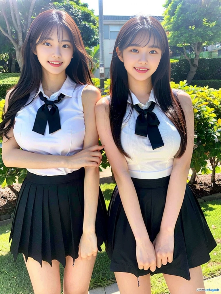 (Super cute Korean high school girls duo taking photos side by side 1.2)(grin,Smile)(Beautiful Sweat:1.1)(16k, RAW Photos, Highest quality, masterpiece: 1.2),(Cute hairstyle with shiny black hair) Super detailed, Super Resolution, (Genuine, Genuine photos: 1.37), Portraiture, High-resolution RAW color photos, Professional photos, Very detailed, 8k wallpaper, Very detailed CG Unity 8k wallpaper, Very detailed beautiful girls, Very detailed faces, ((whole body)), beautiful woman, Huge breasts,(huge boobs:1.1) (Big Boobs:1.1), Beauty college student (A tight, girly, navy sleeveless school uniform with ribbon.),high school girl, Korean Girls,(K-POP Female Idols), (Idol-class beauty)(Beautiful high school girl:1.1)(famous beaches in hawaii:1.2)(18-year-old)(Stylish summer  outfit:1.1)NSFW