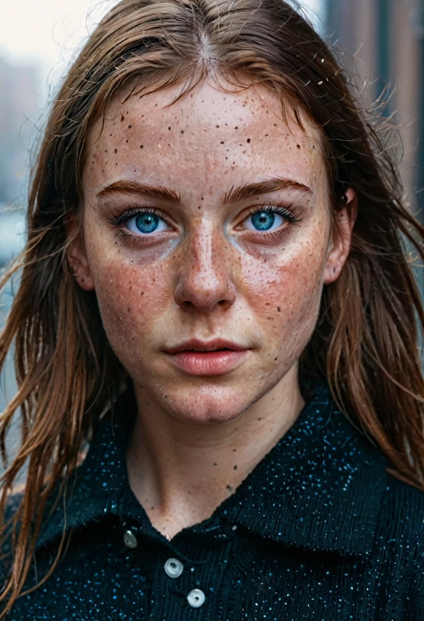 photography, city street, blue eyes, (small nose:2), freckles, eyeliner, mascara, portrait photo of young woman in dark clothes, sunny, daylight, fog, Fujifilm XT3, Canon R5, Fujicolor Fujichrome Velvia 100