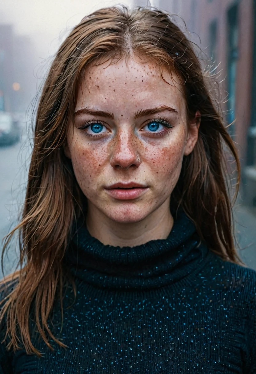 photography, city street, blue eyes, (small nose:2), freckles, eyeliner, mascara, portrait photo of young woman in dark clothes, sunny, daylight, fog, Fujifilm XT3, Canon R5, Fujicolor Fujichrome Velvia 100
