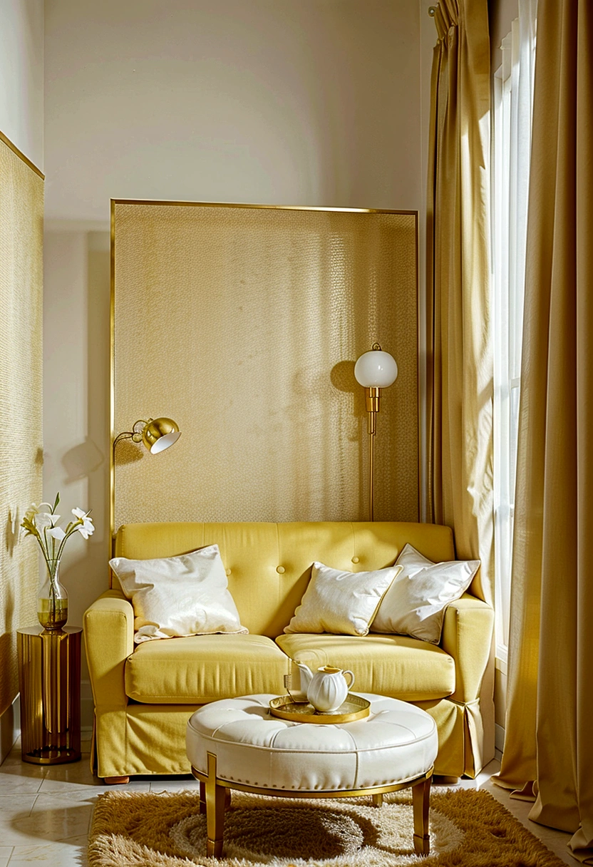 a brightly lit living room with a white couch and yellow curtains, white and yellow scheme, silver and yellow color scheme, popular interior design style, walls with tone of yellow, yellow color scheme, white and gold color scheme, gold and luxury materials, glossy yellow, yellow theme, bright yellow color scheme, extremely luminous bright design, bright modern style, bright lit interiors