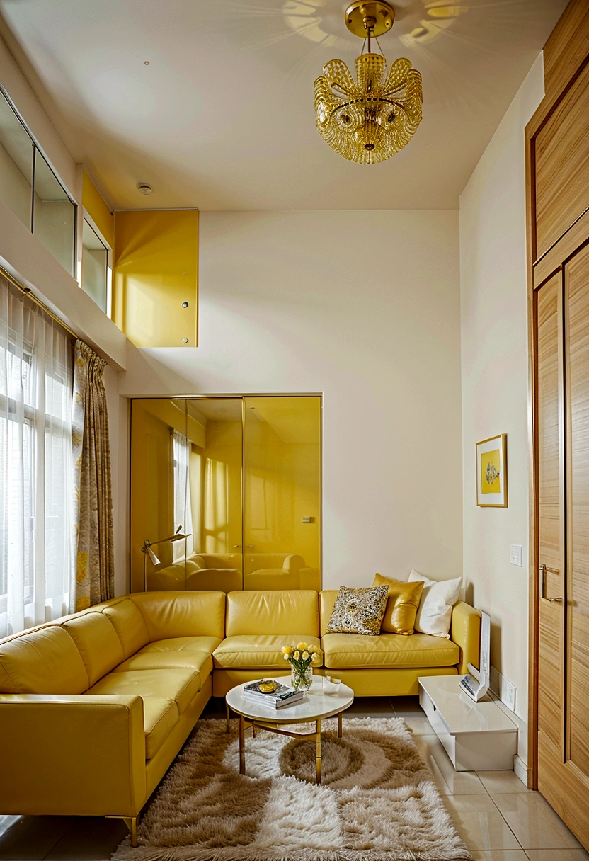 a brightly lit living room with a white couch and yellow curtains, white and yellow scheme, silver and yellow color scheme, popular interior design style, walls with tone of yellow, yellow color scheme, white and gold color scheme, gold and luxury materials, glossy yellow, yellow theme, bright yellow color scheme, extremely luminous bright design, bright modern style, bright lit interiors