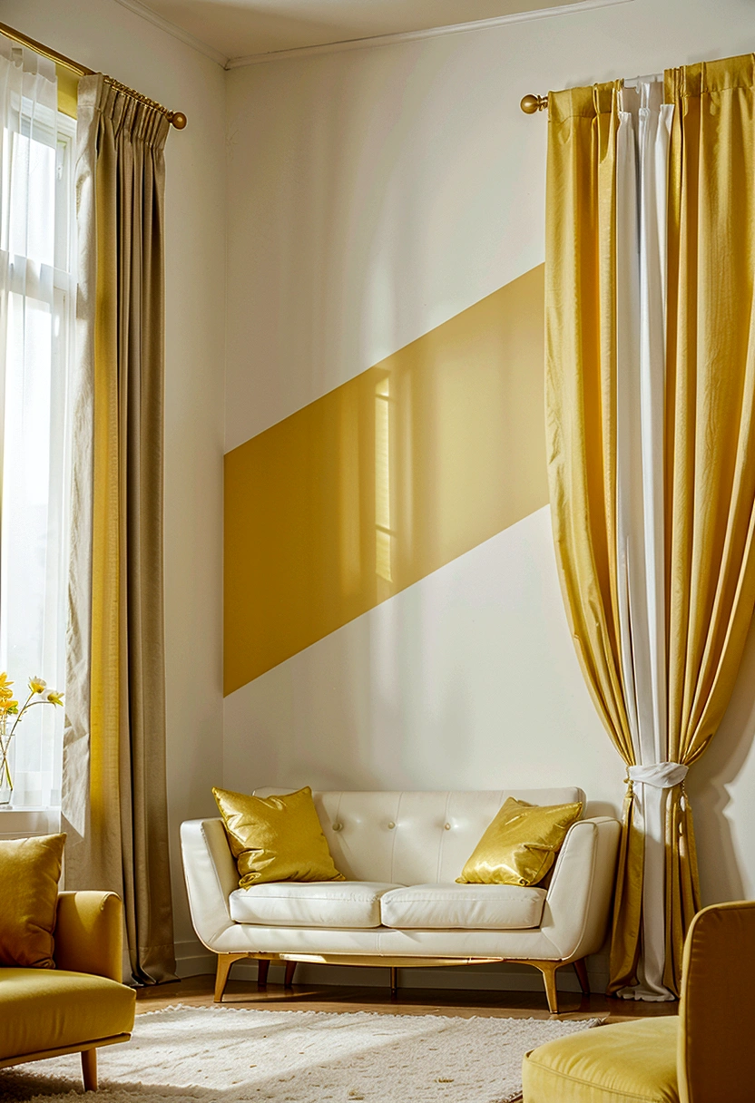 a brightly lit living room with a white couch and yellow curtains, white and yellow scheme, silver and yellow color scheme, popular interior design style, walls with tone of yellow, yellow color scheme, white and gold color scheme, gold and luxury materials, glossy yellow, yellow theme, bright yellow color scheme, extremely luminous bright design, bright modern style, bright lit interiors
