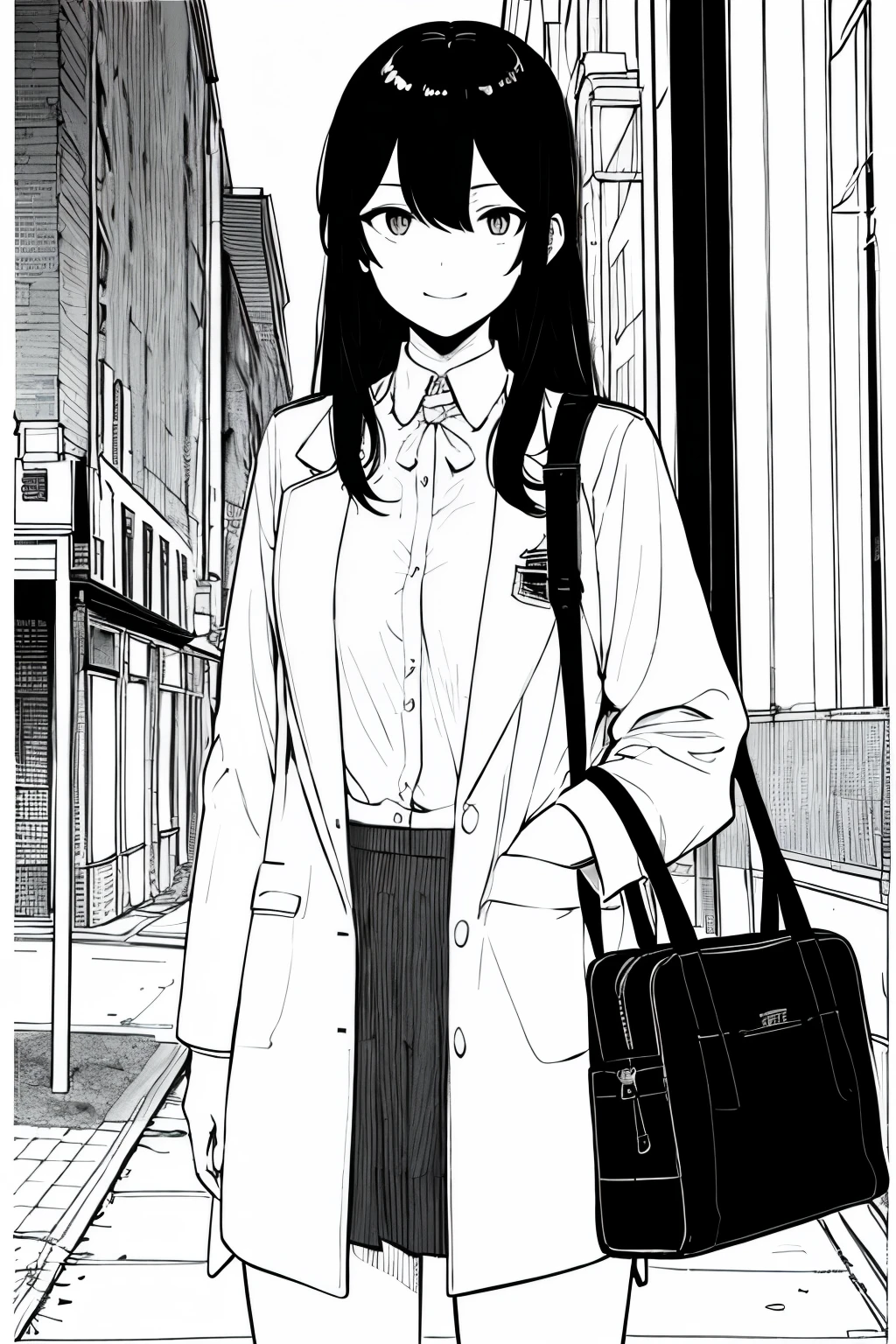 masterpiece, top-quality, 1girl in, Uniforms, A slight smil, a school bag, A dark-haired, Black eyes, cyberpunked, a street, monochromes, line-drawing、iced