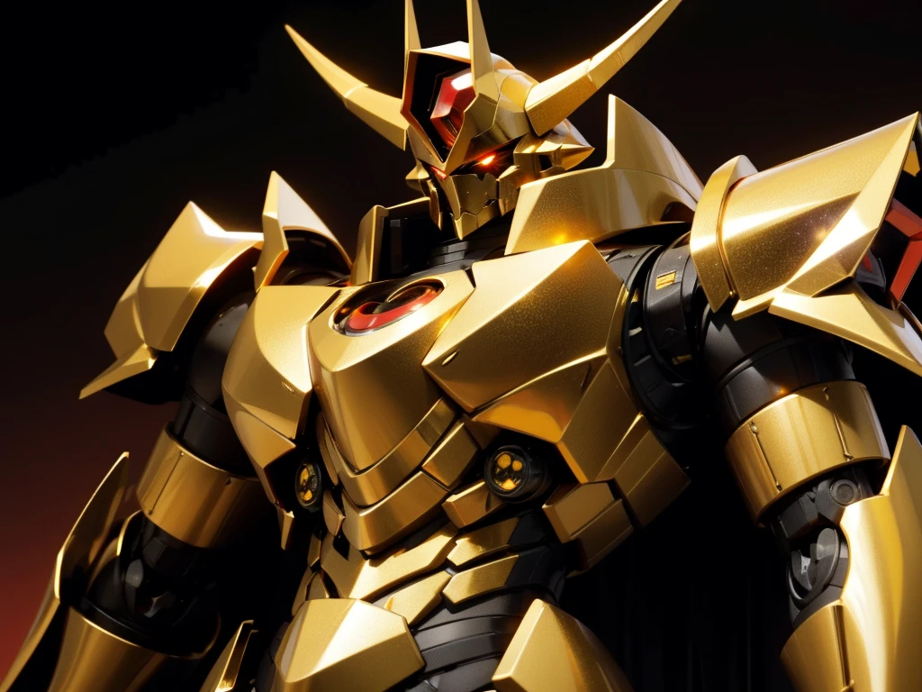 Robot, red mono eye, gold and black body, high quality, golden horns on head, heavily armored, Robot, red mono eye, Gold and Black body, high quality, golden horns on head, heavily armored, gold and black shoulders, arm armor is an austere shade, sunset background,