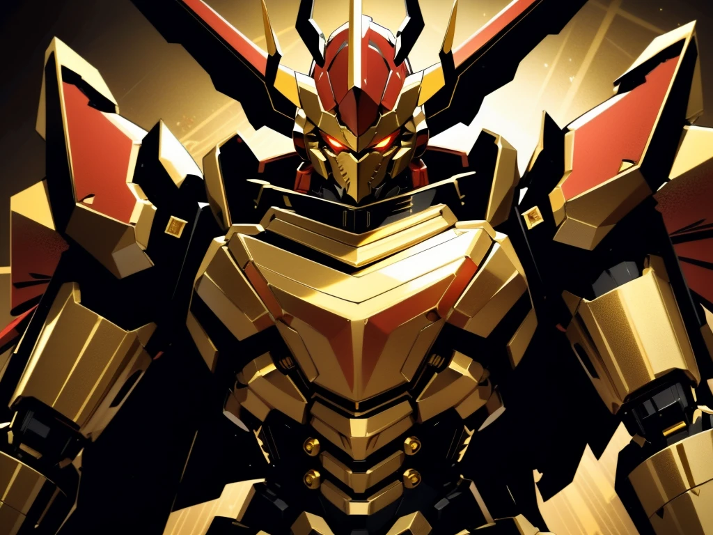 Robot, red mono eye, gold and black body, high quality, golden horns on head, heavily armored, Robot, red mono eye, Gold and Black body, high quality, golden horns on head, heavily armored, gold and black shoulders, arm armor is an austere shade, sunset background,