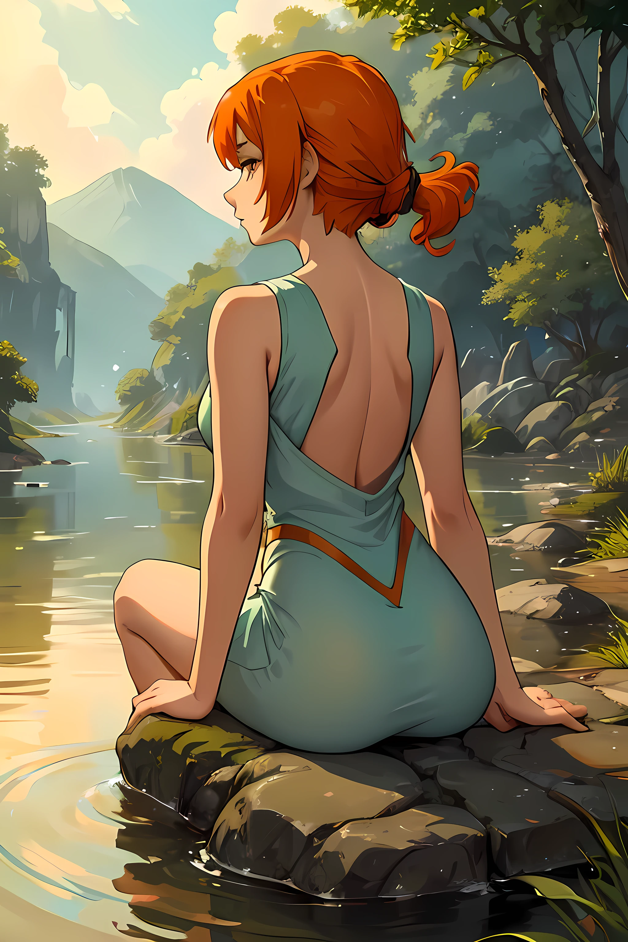 A stunning woman with short, vibrant orange hair stands by a serene river, her back turned to us. She gazes thoughtfully at the flowing water, lost in contemplation. An equally striking orange cat sits by her side, its eyes mirroring the tranquility of the scene. Ghibli style, Miyazaki style
