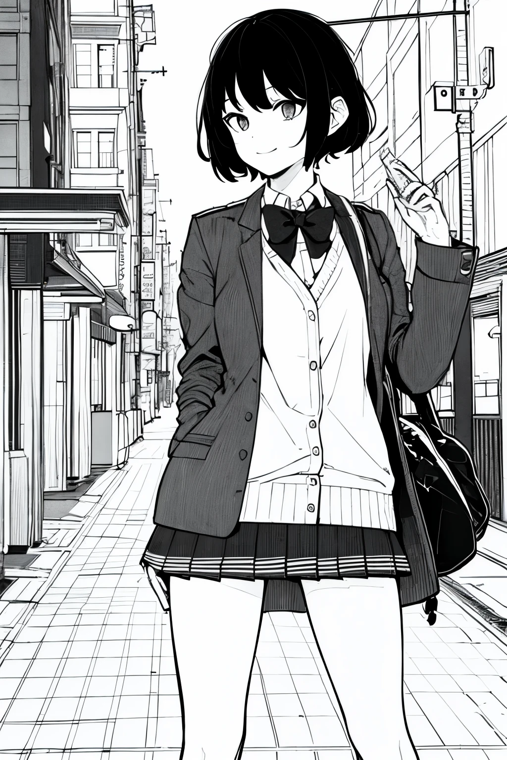 ​masterpiece, top-quality, 1girl in, Uniforms, A slight smil, a school bag, A dark-haired, Black eyes, cyberpunked, a street, monochromes, line-drawing、iced