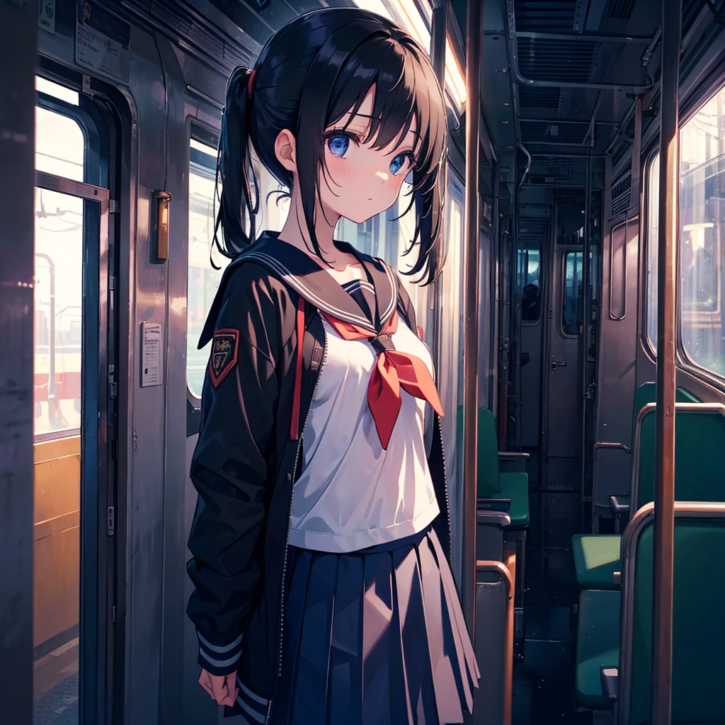 Super detailed, super high resolution, 64k, masterpiece, highest quality, beautiful eyes in detail, high resolution background, 1 girl, solo, masterpiece, 4K, highest quality, , cowboy shot, black hair, pigtails, straight hair , dark blue eyes, , Serafuku, neckerchief, pleated skirt, BREAK (headphones), standing, inside the train, looking away, looking out the window, holding a pole, (simple background: 1.3) ), various viewpoints, NSFW ,((takes off half of jacket, shows skin on upper body, shows nipples, underwear)),