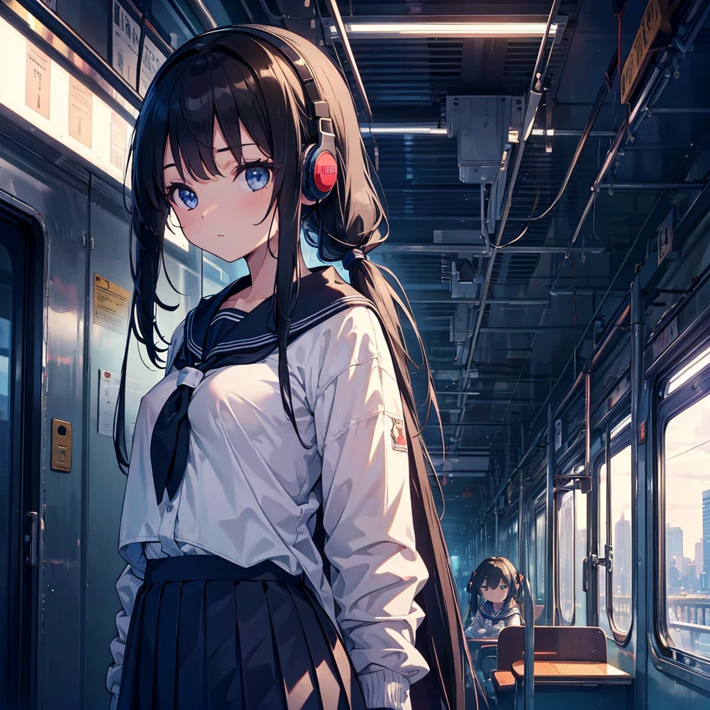 Super detailed, super high resolution, 64k, masterpiece, highest quality, beautiful eyes in detail, high resolution background, 1 girl, solo, masterpiece, 4K, highest quality, 9 , cowboy shot, black hair, pigtails, straight hair , dark blue eyes, , Serafuku, neckerchief, pleated skirt, BREAK (headphones), standing, inside the train, looking away, looking out the window, holding a pole, (simple background: 1.3) ), various viewpoints, NSFW ,((takes off half of jacket, shows skin on upper body, shows nipples, underwear)),