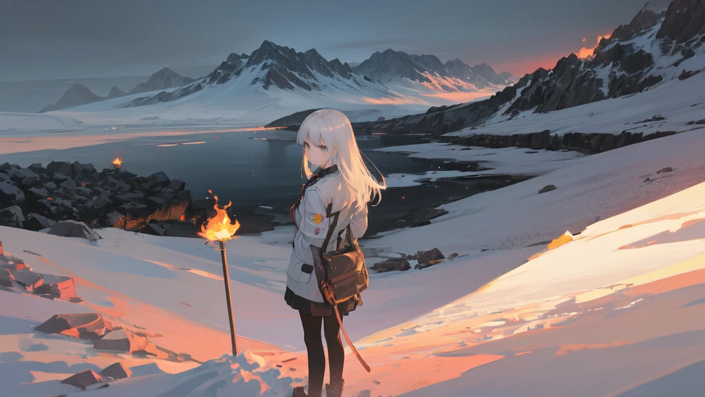 masterpiece:1.2), best quality , solo ,pixiv, anime girl ,long straight white hair , black eyes ,Wearing off-white camouflage uniform ,ten years old,battlefield,Standing in the snowy mountains,(Eyes looking into the distance:1.3),There is a flame burning beside you,(look away:1.5),snowy weather,The girl stands among the deserted snowy mountains,blood on forehead,dirty face,Background mixed with metal fragments:1.2,Backlight,Black lake in the background,Stand on a glacier,Bare rocky peaks , Scrap metal on the snow,The expression is sad