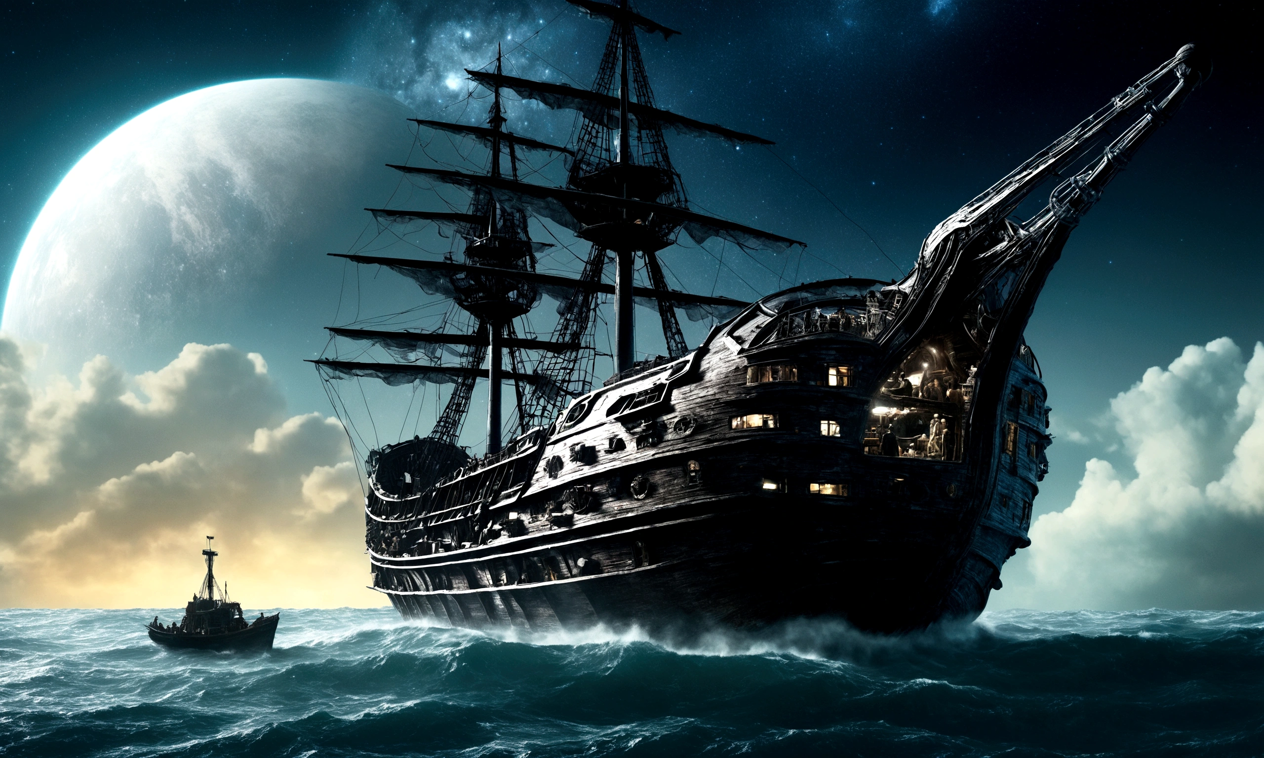 A cinematic close-up still from the movie Interstellar, showing a huge Pirate ship floating in the outer space with pirates standing in front, under a beautiful surreal sky, in a cinematic, movie poster style, influenced by Howard Pyle,and Gerald Scarfe