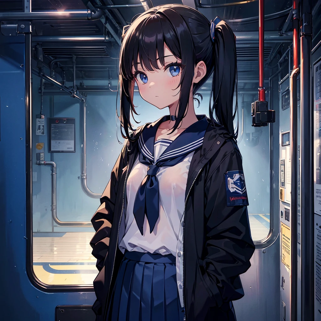 Super detailed, super high resolution, 64k, masterpiece, highest quality, beautiful eyes in detail, high resolution background, 1 girl, solo, masterpiece, 4K, highest quality, 9 years old, cowboy shot, black hair, pigtails, straight hair , dark blue eyes, , Serafuku, neckerchief, pleated skirt, BREAK (headphones), standing, inside the train, looking away, looking out the window, holding a pole, (simple background: 1.3) ), various viewpoints, NSFW ,((takes off half of jacket, shows skin on upper body, shows nipples, underwear)),


