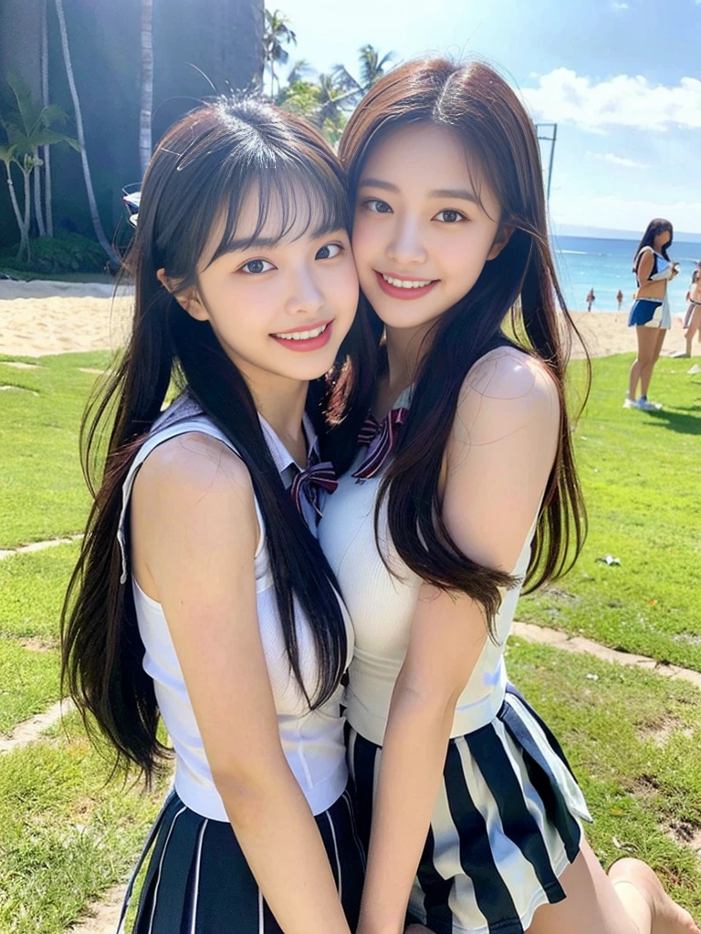 (Super cute Korean high school girls duo hugging each other and taking a photo 1.2)(grin,Smile)(Beautiful Sweat:1.1)(16k, RAW Photos, Highest quality, masterpiece: 1.2),(Cute hairstyle with shiny black hair) Super detailed, Super Resolution, (Genuine, Genuine photos: 1.37), Portraiture, High-resolution RAW color photos, Professional photos, Very detailed, 8k wallpaper, Very detailed CG Unity 8k wallpaper, Very detailed beautiful girls, Very detailed faces, ((whole body)), beautiful woman, Huge breasts,(huge boobs:1.1) (Big Boobs:1.1), Beauty college student (A tight, girly, navy sleeveless school uniform with ribbon.),high school girl, Korean Girls,(K-POP Female Idols), (Idol-class beauty)(Beautiful high school girl:1.1)(famous beaches in hawaii:1.2)(18-year-old)(Stylish summer  outfit:1.1)NSFW