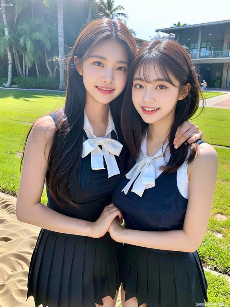 (Super cute Korean high school girls duo hugging each other and taking a photo 1.2)(grin,Smile)(Beautiful Sweat:1.1)(16k, RAW Photos, Highest quality, masterpiece: 1.2),(Cute hairstyle with shiny black hair) Super detailed, Super Resolution, (Genuine, Genuine photos: 1.37), Portraiture, High-resolution RAW color photos, Professional photos, Very detailed, 8k wallpaper, Very detailed CG Unity 8k wallpaper, Very detailed beautiful girls, Very detailed faces, ((whole body)), beautiful woman, Huge breasts,(huge boobs:1.1) (Big Boobs:1.1), Beauty college student (A tight, girly, navy sleeveless school uniform with ribbon.),high school girl, Korean Girls,(K-POP Female Idols), (Idol-class beauty)(Beautiful high school girl:1.1)(famous beaches in hawaii:1.2)(18-year-old)(Stylish summer outfit:1.1)NSFW