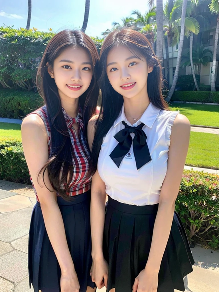 (Super cute Korean high school girls duo hugging each other and taking a photo 1.2)(grin,Smile)(Beautiful Sweat:1.1)(16k, RAW Photos, Highest quality, masterpiece: 1.2),(Cute hairstyle with shiny black hair) Super detailed, Super Resolution, (Genuine, Genuine photos: 1.37), Portraiture, High-resolution RAW color photos, Professional photos, Very detailed, 8k wallpaper, Very detailed CG Unity 8k wallpaper, Very detailed beautiful girls, Very detailed faces, ((whole body)), beautiful woman, Huge breasts,(huge boobs:1.1) (Big Boobs:1.1), Beauty college student (A tight, girly, navy sleeveless school uniform with ribbon.),high school girl, Korean Girls,(K-POP Female Idols), (Idol-class beauty)(Beautiful high school girl:1.1)(famous beaches in hawaii:1.2)(18-year-old)(Stylish summer  outfit:1.1)NSFW