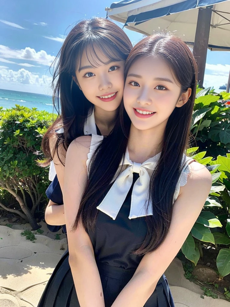 (Super cute Korean high school girls duo hugging each other and taking a photo 1.2)(grin,Smile)(Beautiful Sweat:1.1)(16k, RAW Photos, Highest quality, masterpiece: 1.2),(Cute hairstyle with shiny black hair) Super detailed, Super Resolution, (Genuine, Genuine photos: 1.37), Portraiture, High-resolution RAW color photos, Professional photos, Very detailed, 8k wallpaper, Very detailed CG Unity 8k wallpaper, Very detailed beautiful girls, Very detailed faces, ((whole body)), beautiful woman, Huge breasts,(huge boobs:1.1) (Big Boobs:1.1), Beauty college student (A tight, girly, navy sleeveless school uniform with ribbon.),high school girl, Korean Girls,(K-POP Female Idols), (Idol-class beauty)(Beautiful high school girl:1.1)(famous beaches in hawaii:1.2)(18-year-old)(Stylish summer  outfit:1.1)NSFW