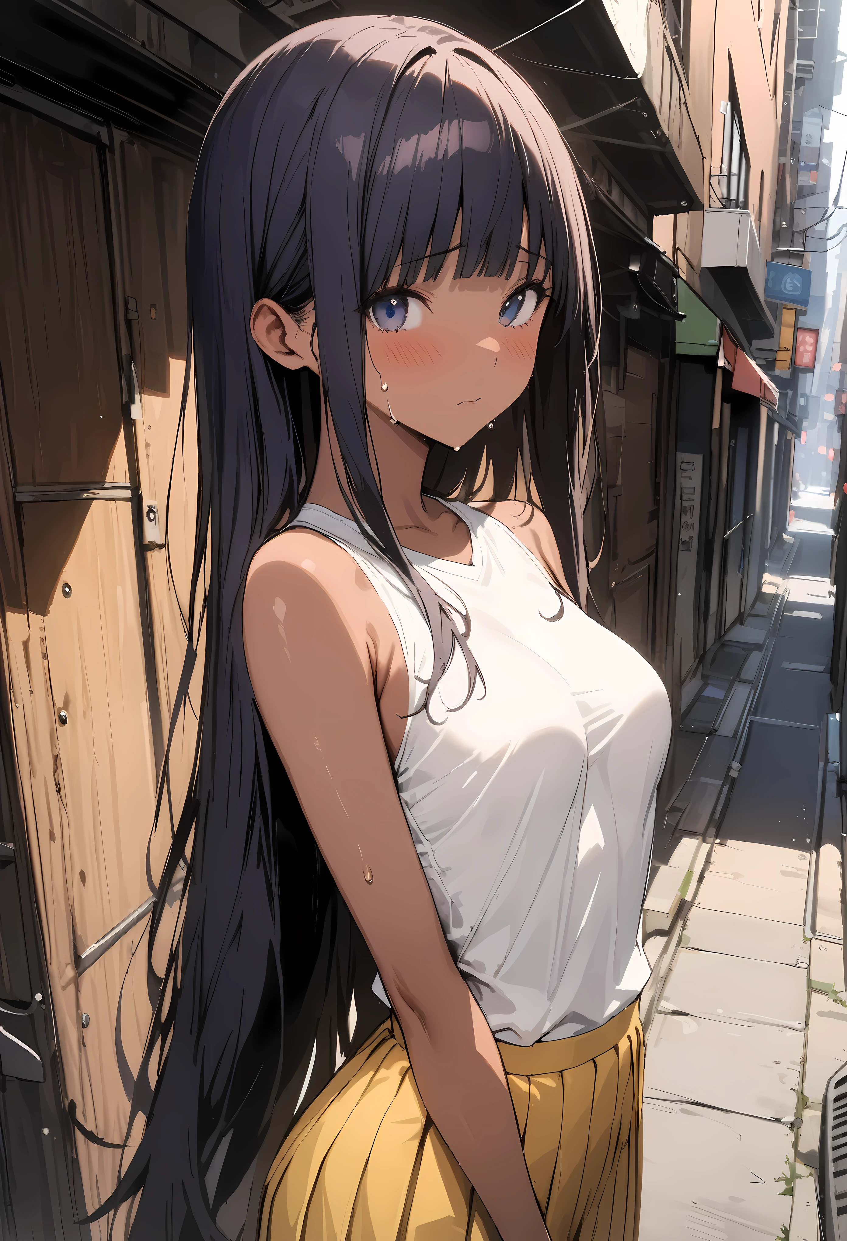 (((masterpiece, Highest quality:1.3,absurdres))),25 year old beauty,solo,((very small head:1.3)),long hair,bangs,dark blue hair,dark blue eyes,gorgeous eyes,shy,medium breasts,((very long body:1.3)),((toned body,slender body)),skinny,((tan skin)),gleaming skin,shiny skin,sweat,(White polo shirt、Yellow pleated mini skirt),on street,Back Alley、New York City、