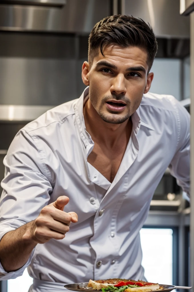 Master chef with marked jaw and pointing at his jaw