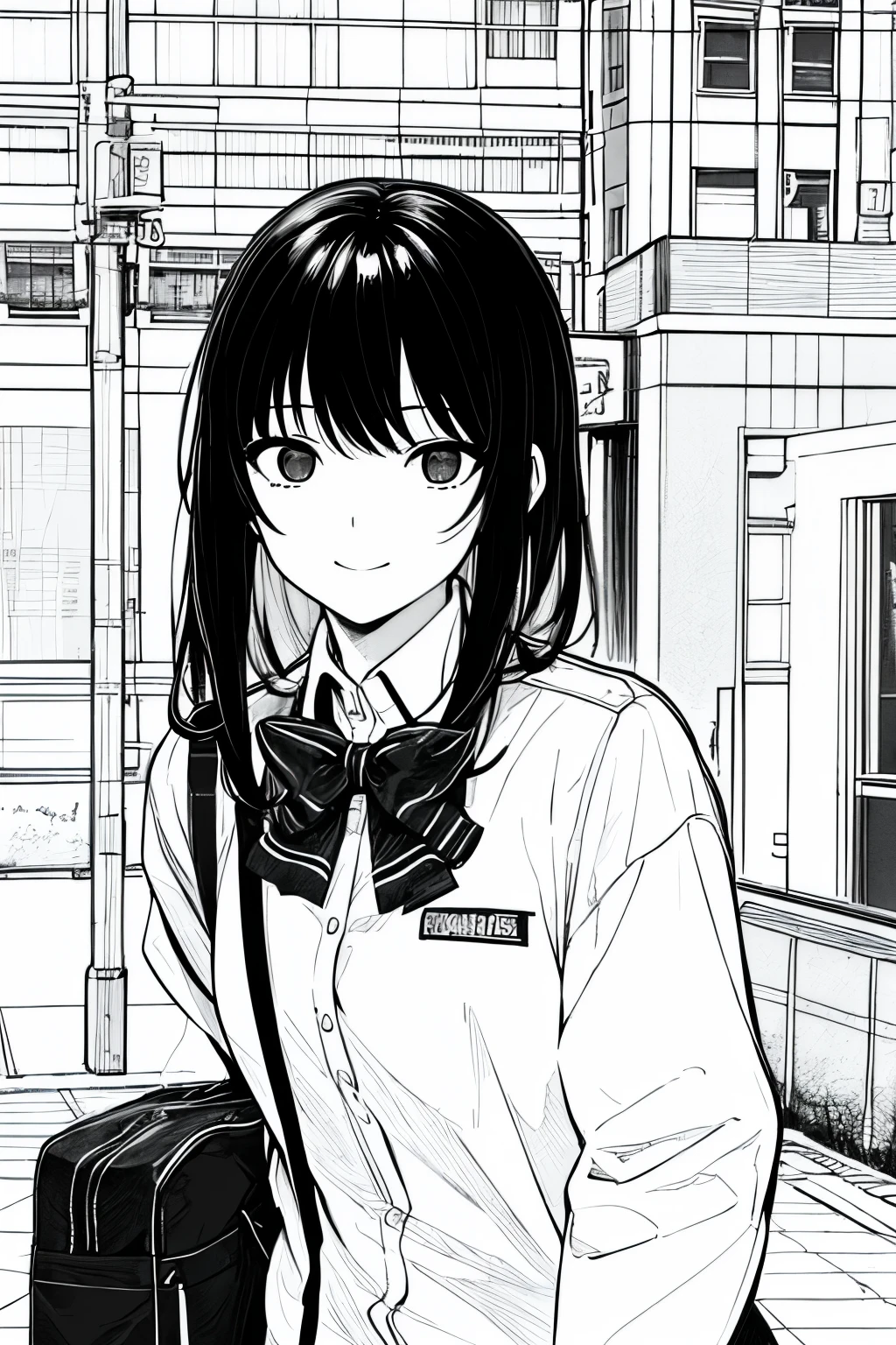 masterpiece, top-quality, 1girl in, Uniforms, A slight smil, a school bag, A dark-haired, Black eyes, cyberpunked, a street, monochromes, line-drawing、iced
