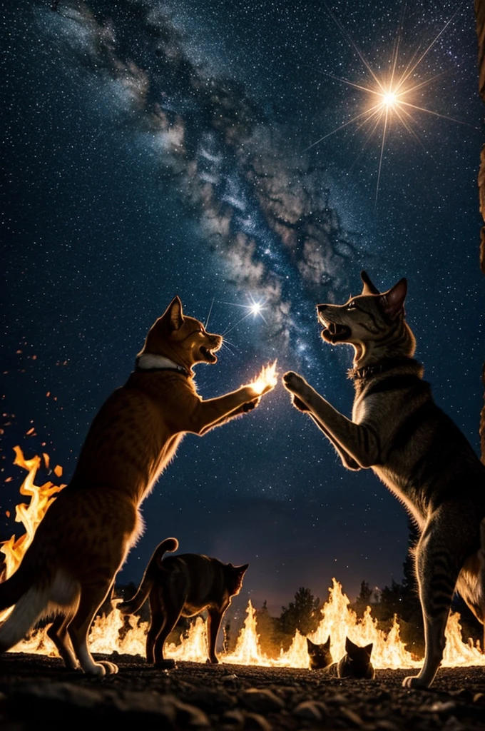 A starry sky on fire . Theater of a battle between cats and dogs