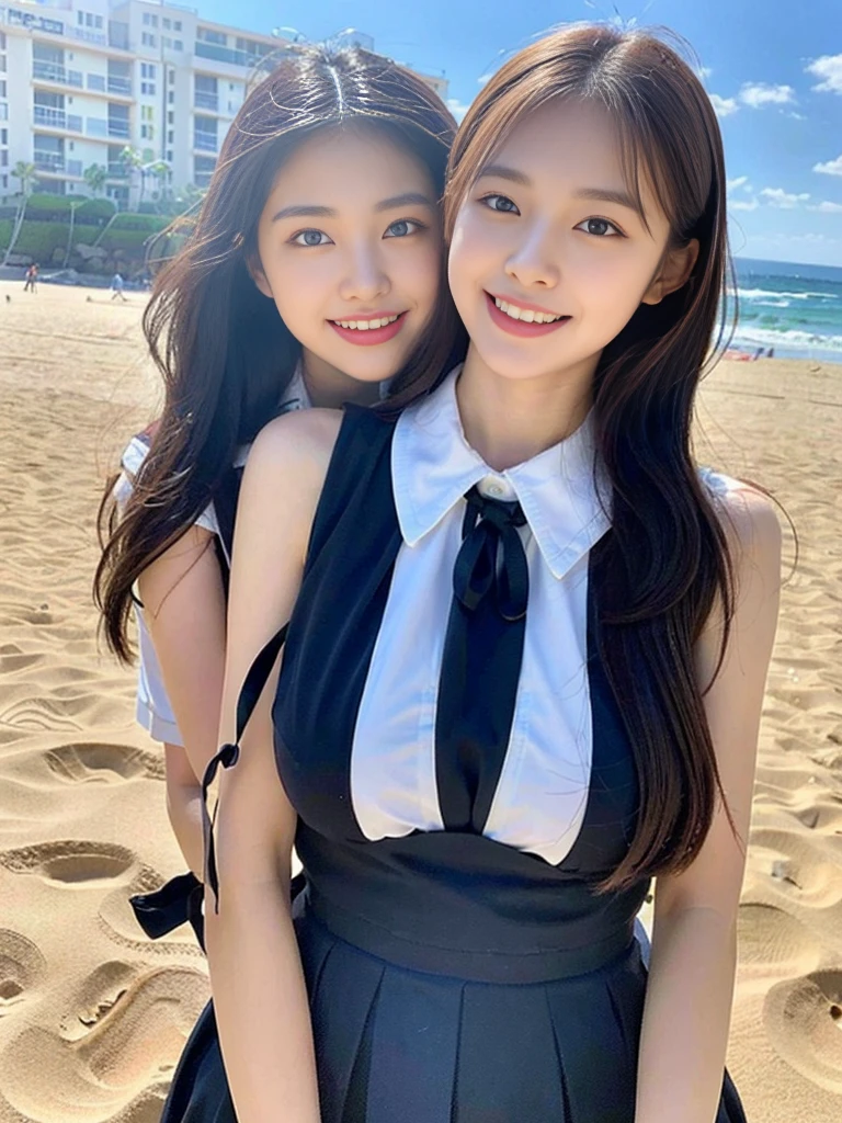 (Super cute Korean high school girls duo hugging each other and taking a photo 1.2)(grin,Smile)(Beautiful Sweat:1.1)(16k, RAW Photos, Highest quality, masterpiece: 1.2),(Cute hairstyle with shiny black hair) Super detailed, Super Resolution, (Genuine, Genuine photos: 1.37), Portraiture, High-resolution RAW color photos, Professional photos, Very detailed, 8k wallpaper, Very detailed CG Unity 8k wallpaper, Very detailed beautiful girls, Very detailed faces, ((whole body)), beautiful woman, Huge breasts,(huge boobs:1.1) (Big Boobs:1.1), Beauty college student (A tight, girly, navy sleeveless school uniform with ribbon.),high school girl, Korean Girls,(K-POP Female Idols), (Idol-class beauty)(Beautiful high school girl:1.1)(famous beaches in hawaii:1.2)(18-year-old)(Stylish summer  outfit:1.1)NSFW