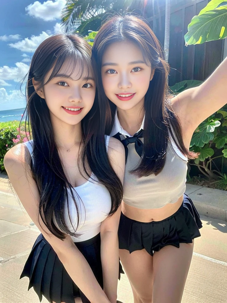 (Super cute Korean high school girls duo hugging each other and taking a photo 1.2)(grin,Smile)(Beautiful Sweat:1.1)(16k, RAW Photos, Highest quality, masterpiece: 1.2),(Cute hairstyle with shiny black hair) Super detailed, Super Resolution, (Genuine, Genuine photos: 1.37), Portraiture, High-resolution RAW color photos, Professional photos, Very detailed, 8k wallpaper, Very detailed CG Unity 8k wallpaper, Very detailed beautiful girls, Very detailed faces, ((whole body)), beautiful woman, Huge breasts,(huge boobs:1.1) (Big Boobs:1.1), Beauty college student (A tight, girly, navy sleeveless school uniform with ribbon.),high school girl, Korean Girls,(K-POP Female Idols), (Idol-class beauty)(Beautiful high school girl:1.1)(famous beaches in hawaii:1.2)(18-year-old)(Stylish summer outfit:1.1)NSFW