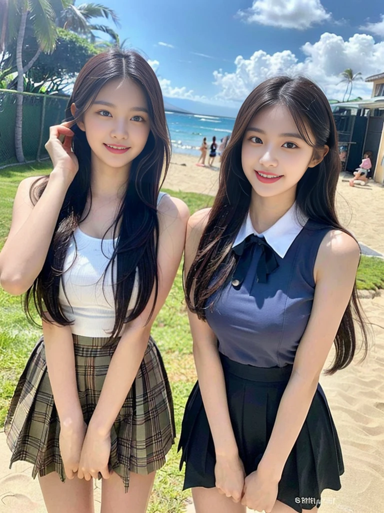 (Super cute Korean high school girls duo hugging each other and taking a photo 1.2)(grin,Smile)(Beautiful Sweat:1.1)(16k, RAW Photos, Highest quality, masterpiece: 1.2),(Cute hairstyle with shiny black hair) Super detailed, Super Resolution, (Genuine, Genuine photos: 1.37), Portraiture, High-resolution RAW color photos, Professional photos, Very detailed, 8k wallpaper, Very detailed CG Unity 8k wallpaper, Very detailed beautiful girls, Very detailed faces, ((whole body)), beautiful woman, Huge breasts,(huge boobs:1.1) (Big Boobs:1.1), Beauty college student (A tight, girly, navy sleeveless school uniform with ribbon.),high school girl, Korean Girls,(K-POP Female Idols), (Idol-class beauty)(Beautiful high school girl:1.1)(famous beaches in hawaii:1.2)(18-year-old)(Stylish summer outfit:1.1)NSFW